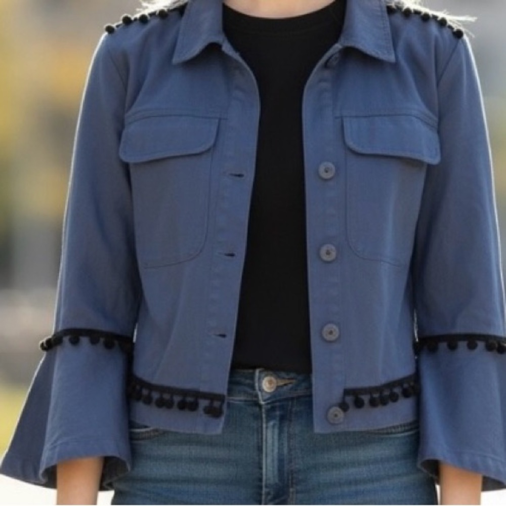 Du Jour Blue Blazer Jacket with Black Accent Pom-Pom Trim Flare Sleeves Small